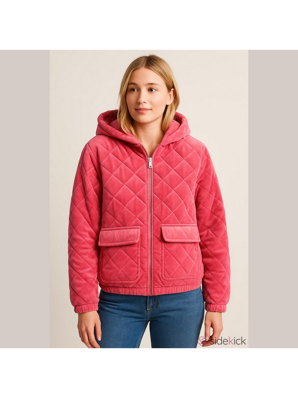 Bibi Pink Quilted Velvet Zip Up Jacket Small Hooded Girly Soft Cozy